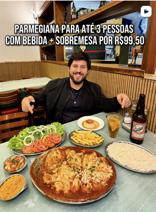 PARMEGIANA PARA ATÉ 3 PESSOAS COM BEBIDA + SOBREMESA POR 💲99,50 EM SUMARÉ
